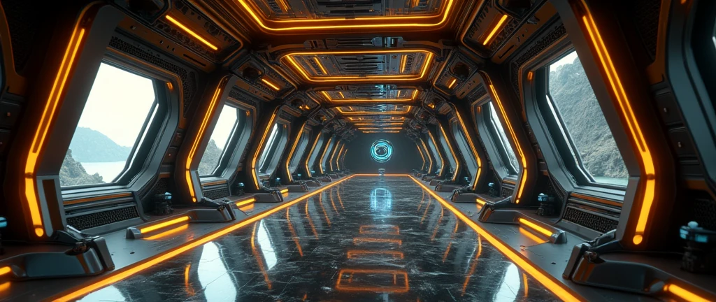 interior of futuristic ship, Interstellar. 8k, alien, gold on the wall