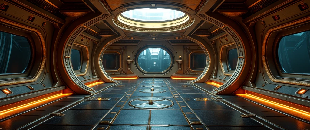 interior of futuristic ship, Interstellar. 8k, alien, gold on the wall