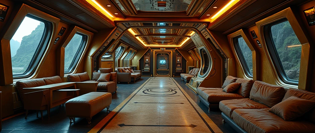 interior of futuristic ship, Interstellar. 8k, alien, gold on the wall