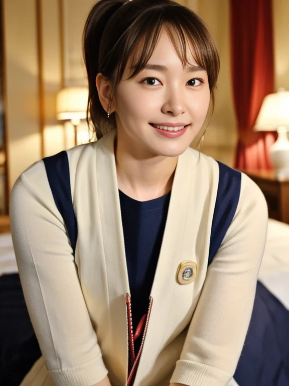 (Masterpiece, Best quality: 1.4), (Ultra realistic, Photo-realistic: 1.2), Full body, Natural light, 25 years old actress, Japanese women, Neat and clean, (School sailor suit:1.2), (Navy pleated skirt:1.2), (ponytail:1.2), Light brown hair color, (Beautiful Face), Oval face, clear, (Beautiful eyes, Kind eyes), (Clear skin), Small face, (Small mouth, Beautiful mouth), Natural makeup, Approachable, Luxury hotel Suite room, On bed, (nsfw:1.2), Seductive smile, (Seductive pose:1.2), (Beautiful thighs:1.2), Bedroom eyes,