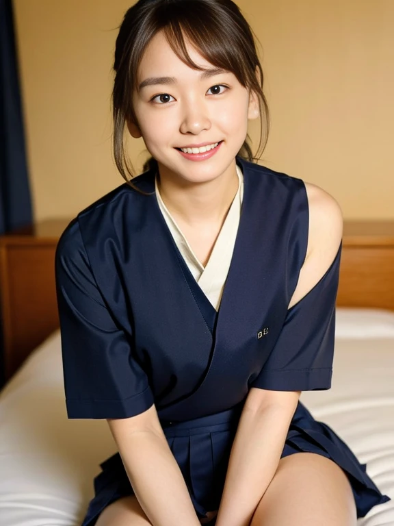 (Masterpiece, Best quality: 1.4), (Ultra realistic, Photo-realistic: 1.2), Full body, Natural light, 25 years old actress, Japanese women, Neat and clean, (School sailor suit:1.2), (Navy pleated skirt:1.2), (ponytail:1.2), Light brown hair color, (Beautiful Face), Oval face, clear, (Beautiful eyes, Kind eyes), (Clear skin), Small face, (Small mouth, Beautiful mouth), Natural makeup, Approachable, Luxury hotel Suite room, On bed, (nsfw:1.2), Seductive smile, (Seductive pose:1.2), (Beautiful thighs:1.2), Bedroom eyes,