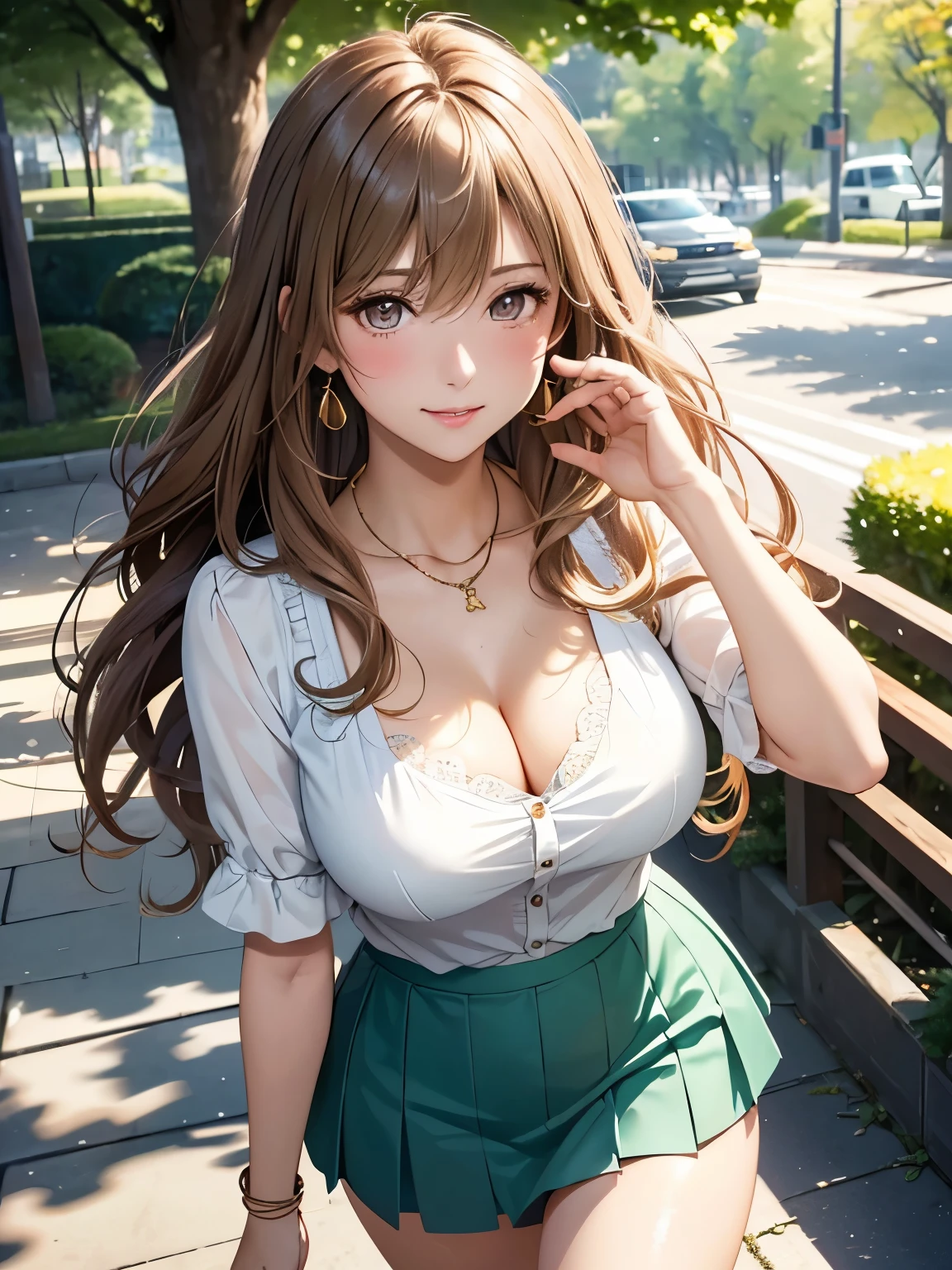 (Top Quality, High Resolution, Masterpiece, 4K), (soft light, shiny hair, beautiful eyes), young woman, full body view, lovely smile, ((long wavy hair, bangs, light colored hair)), ((greedy eyes, brown eyes, perfect eyes)), ((detailed face, blush:1.1)), (( Smooth texture:0.75, Realistic texture:0.65, Realistic:1.1, Animated CG style)), Large breasts, cleavage, seductive body, (random color blouse, tight skirt, attractive thighs visible), Pretty necklace, cute earrings, (coming down big stairs in park, tree-lined street walking down a tree-lined street), strong sunlight, hand in own hair, showing chest with smiling , from above++, holding sunglasses in mouth, gesture of hair tied back with both hands, dynamic pose