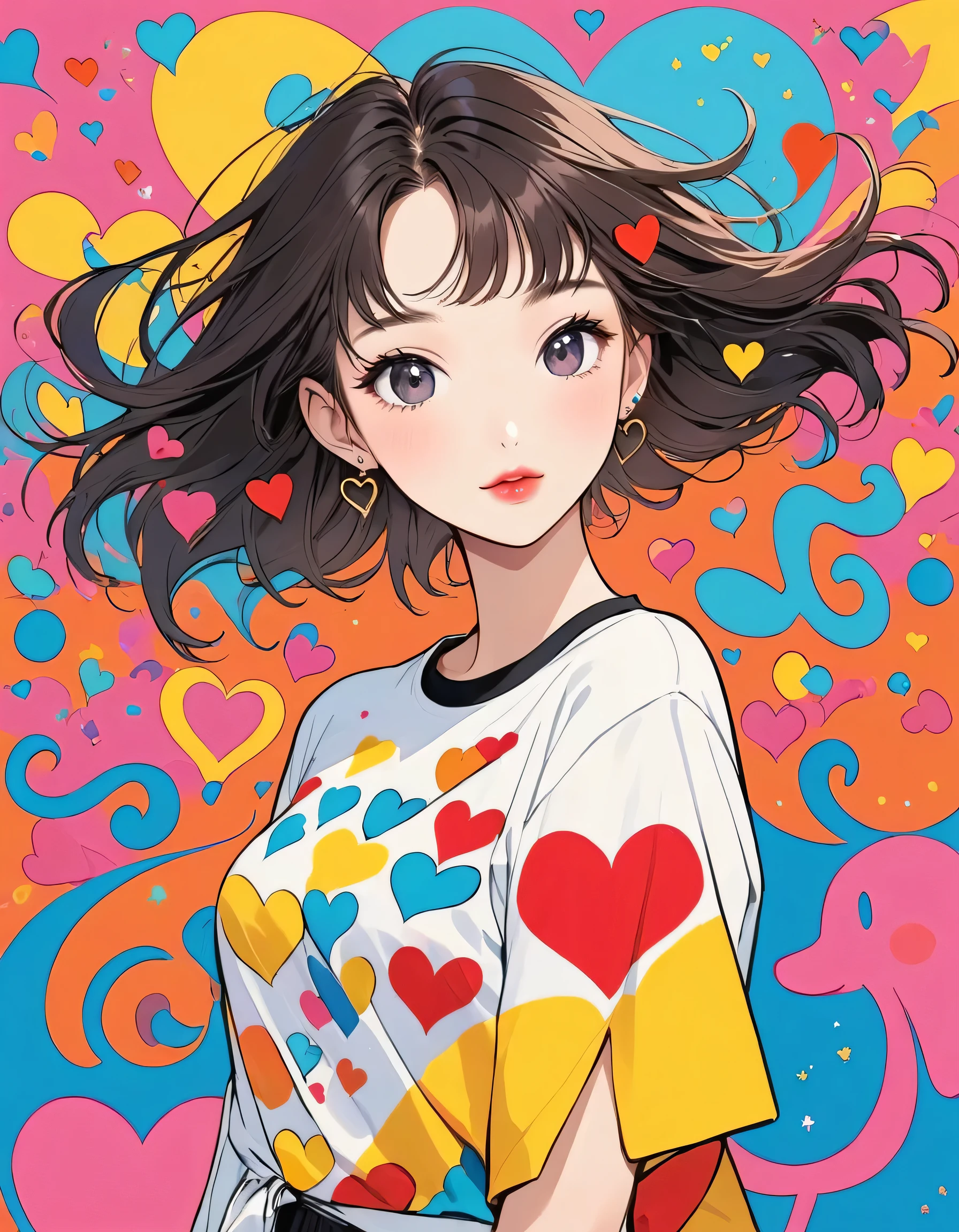 Keith Haring colorful style, Simple Line Initialism,Abstract art,(((The most beautiful girl of all time))), Sweet face. Lips in love, colorful hearts, stylish design, 夏のオシャレなTシャツ, 黒い瞳, walking, New York city