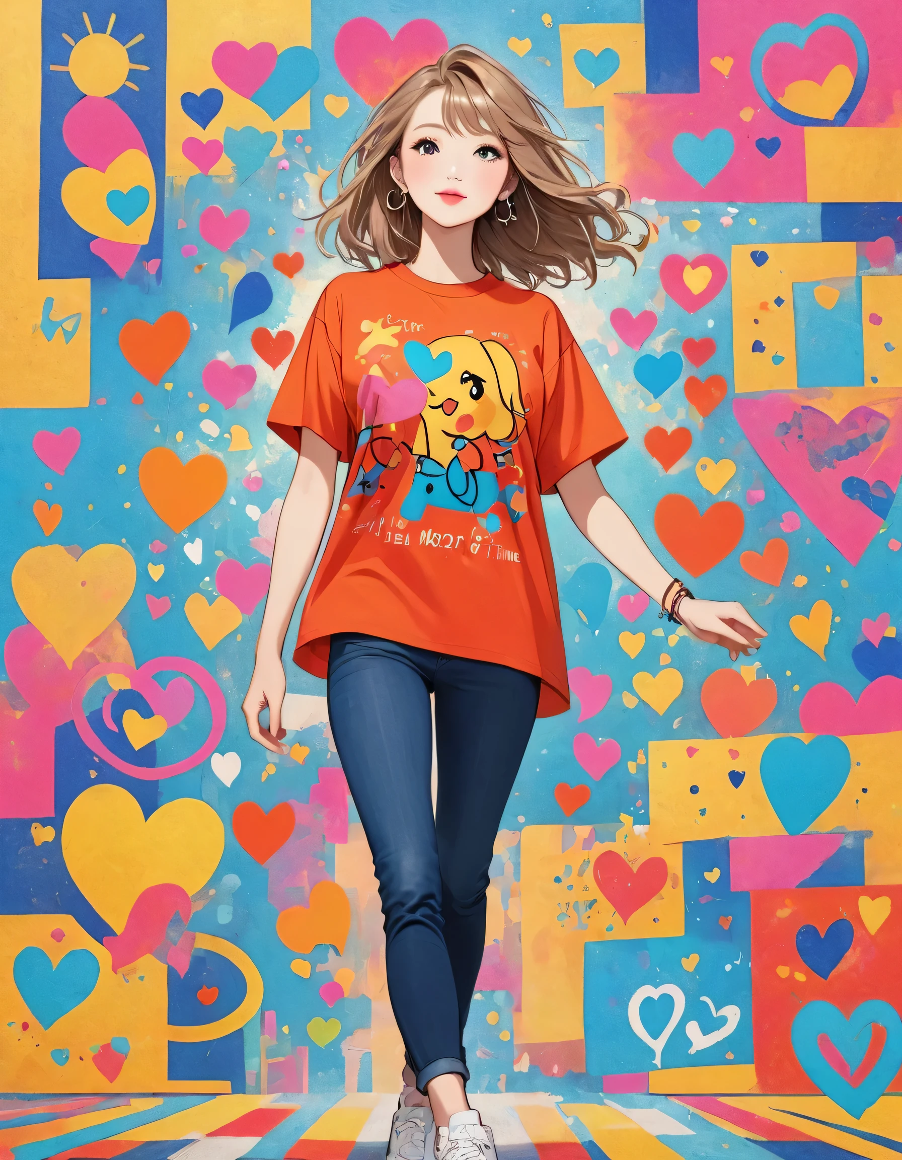 Keith Haring colorful style, Simple Line Initialism,Abstract art,(((The most beautiful girl of all time))), Sweet face. Lips in love, colorful hearts, stylish design, 夏のオシャレなTシャツ, 黒い瞳, walking, New York city