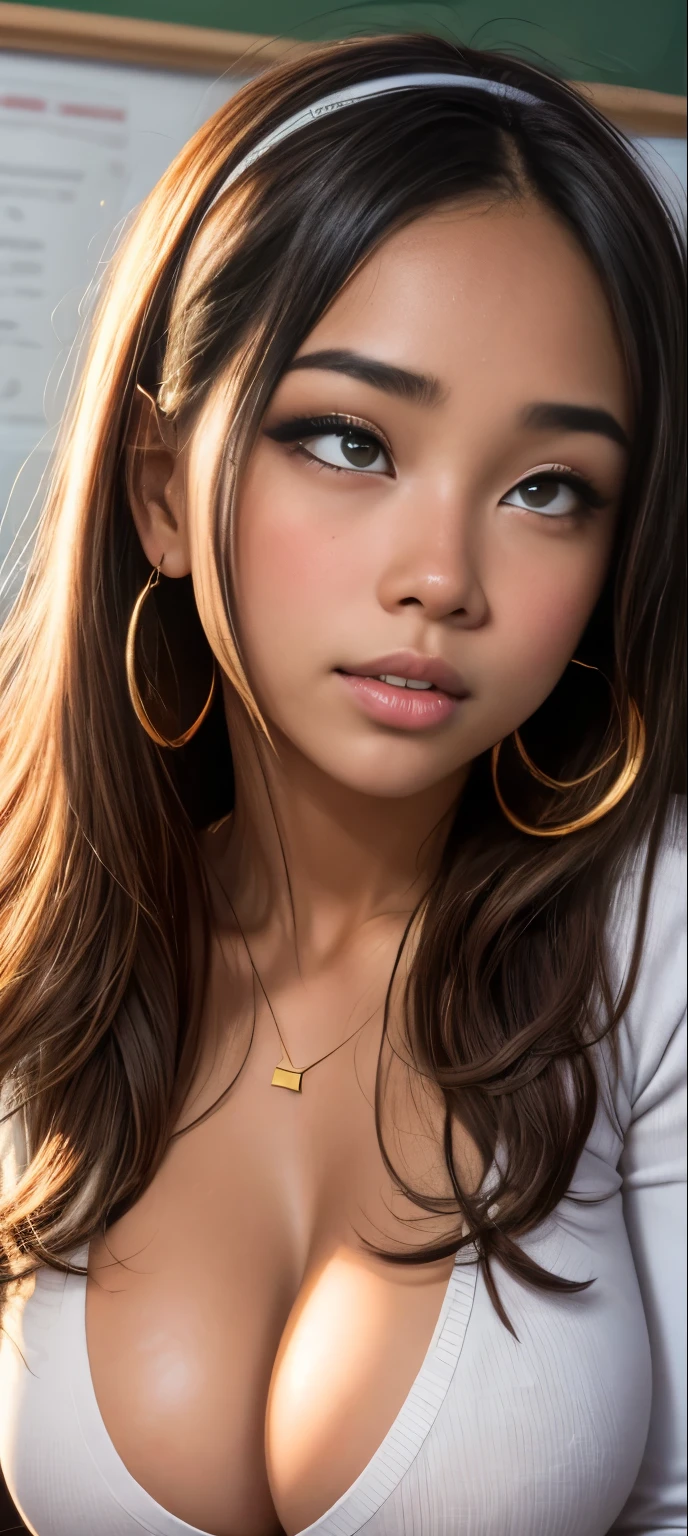 Portrait, (close up shot), (cross-eyed:1.2), (rolling eyes:1.2), (open mouth), (blushing:1.4), Masterpiece, high quality, high resolution, volumetric lighting, subsurface scattering, 8k, Beautiful woman, (emphasis on her breasts), dark skin, phillipino, college student, uniform, (long-sleeve), ((cleavage)), wavy hair, headband, hoop earings, classroom, sexy pose, seductive pose