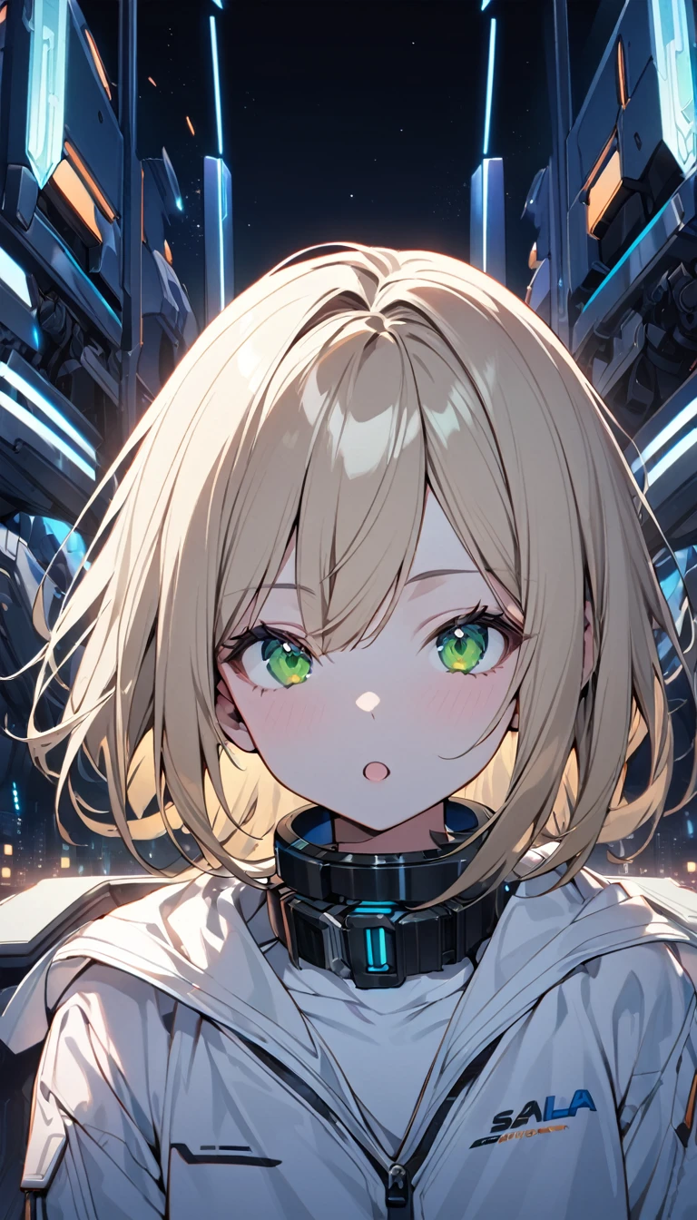 1girl,solo,Sala,original,straight blond hair,(long hair:0.3,medium hair:1),green eyes, white body suit,collar_bone,open neck,Futuristic Background,relief face,night time,Science fiction,ultra-detailed,sharp focus,(best quality)