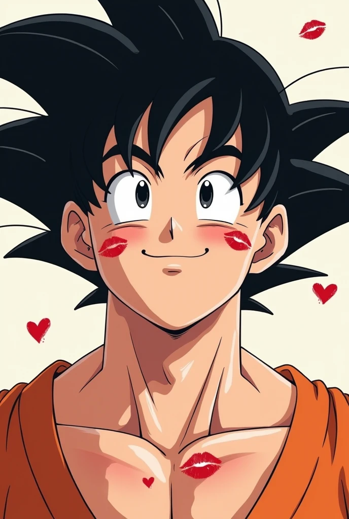 Toriyama anime style,Adult Goku with his face up to his neck covered in various kiss marks with a loving expression with a blush on his cheeks and a slight smile, looking forward, view from her torso to her hair