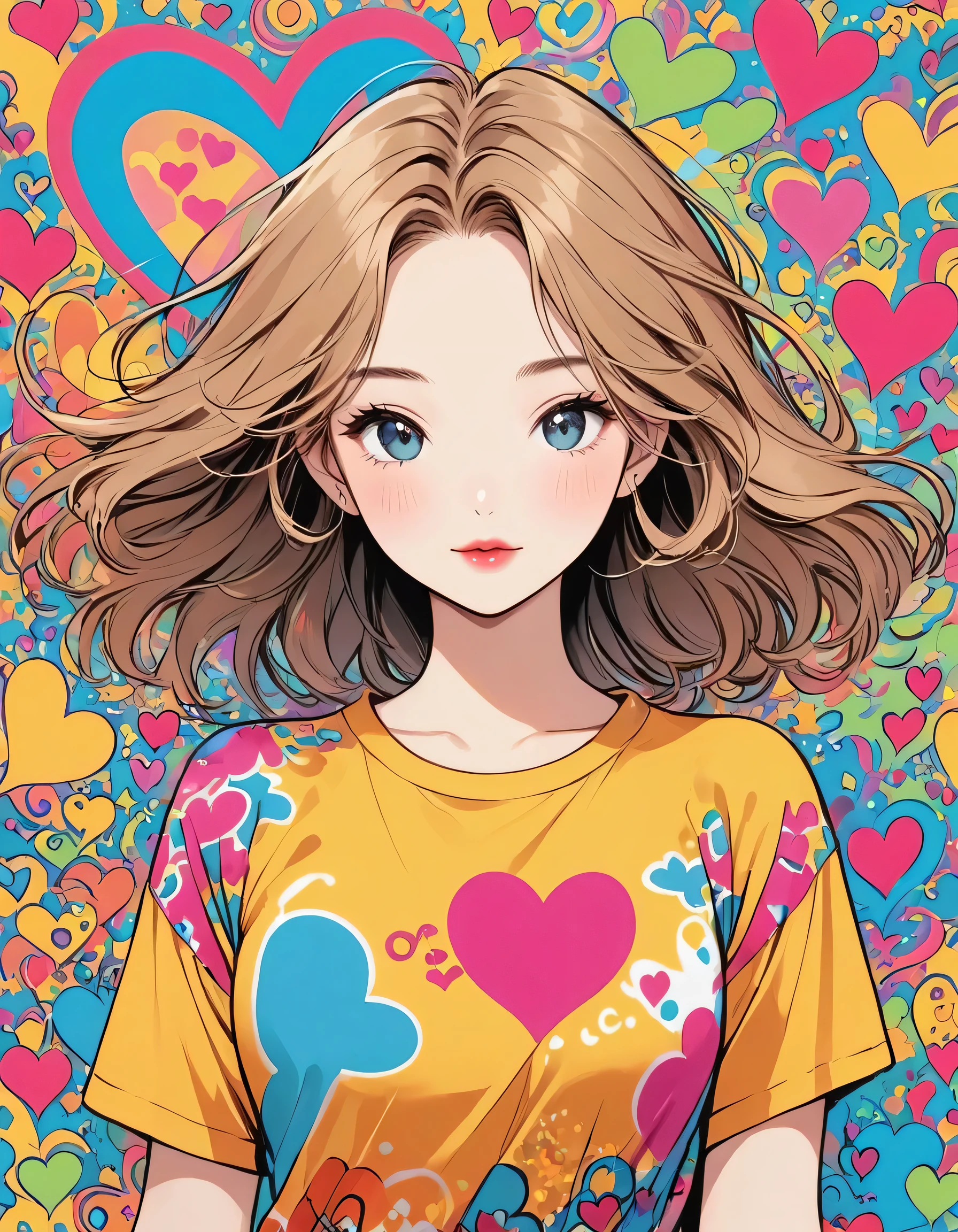 Keith Haring colorful style, Simple Line Initialism，Abstract art，(((The most beautiful girl of all time))), Sweet face. Lips in love, colorful hearts, stylish design, 夏のオシャレなTシャツ, 黒い瞳, walking, New York city