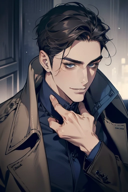 masterpiece, best quality, realistic, 1man, mature male, quiet and charming mature man, 34 years old, smirk and look on the side, closed mouth, portrait, extremely detailed face, smirk, (dark blue eyes), (short-side-swept sandy grey black hair)), [thick eyebrows], (detective clothing)