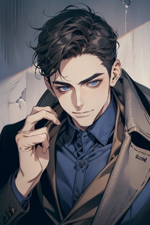 masterpiece, best quality, realistic, 1man, mature male, quiet and charming mature man, 34 years old, smirk and look on the side, closed mouth, portrait, extremely detailed face, smirk, (dark blue eyes), (short-side-swept sandy grey black hair)), [thick eyebrows], (detective clothing)