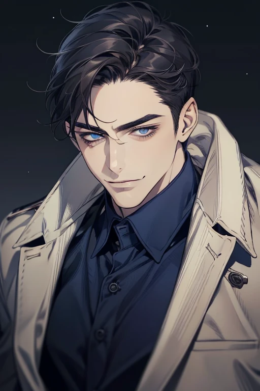 masterpiece, best quality, realistic, 1man, mature male, quiet and charming mature man, 34 years old, smirk and look on the side, closed mouth, portrait, extremely detailed face, smirk, (dark blue eyes), (short-side-swept sandy grey black hair)), [thick eyebrows], (detective clothing)