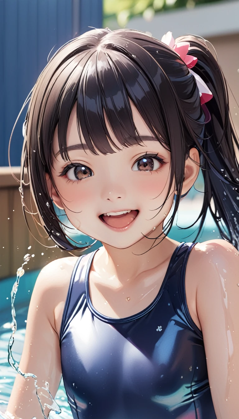 The excited face of a 9-year-old Japanese black-haired girl、Water play, upper body, school swimsuit, close-up, face'Eyes wearing silver-white mirrored lens sunglasses、I looked at the world reflected in the lenses of my sunglasses....(Side Pony,Colorful Hair),