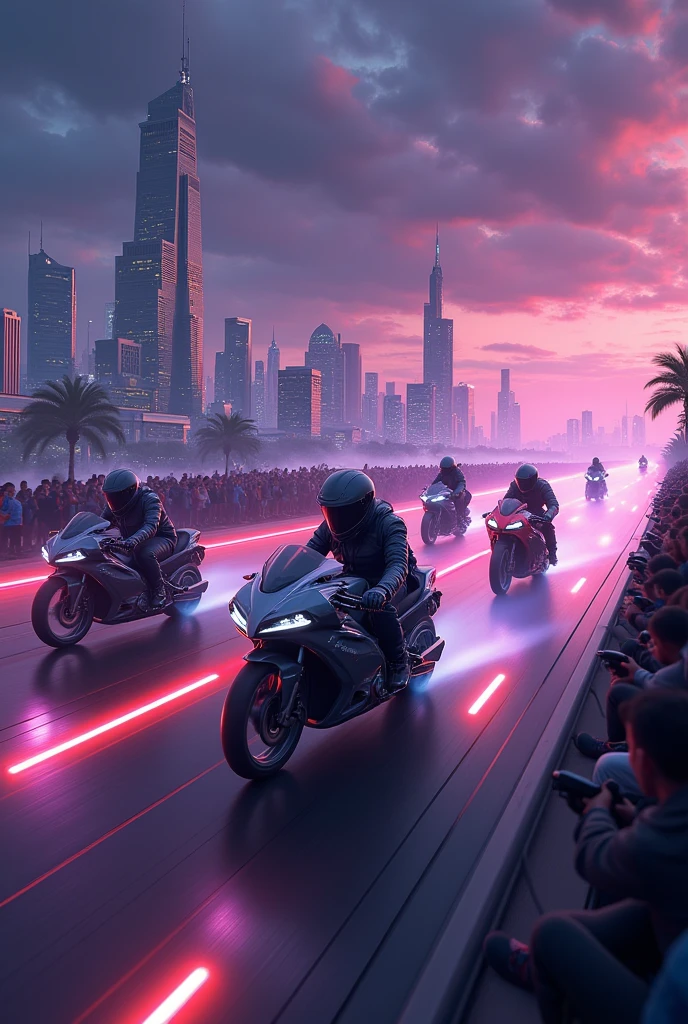 Group of futuristic high speed racing bikes competing with machine guns, in a city with purple night skies on a track in the sky with stands full of people