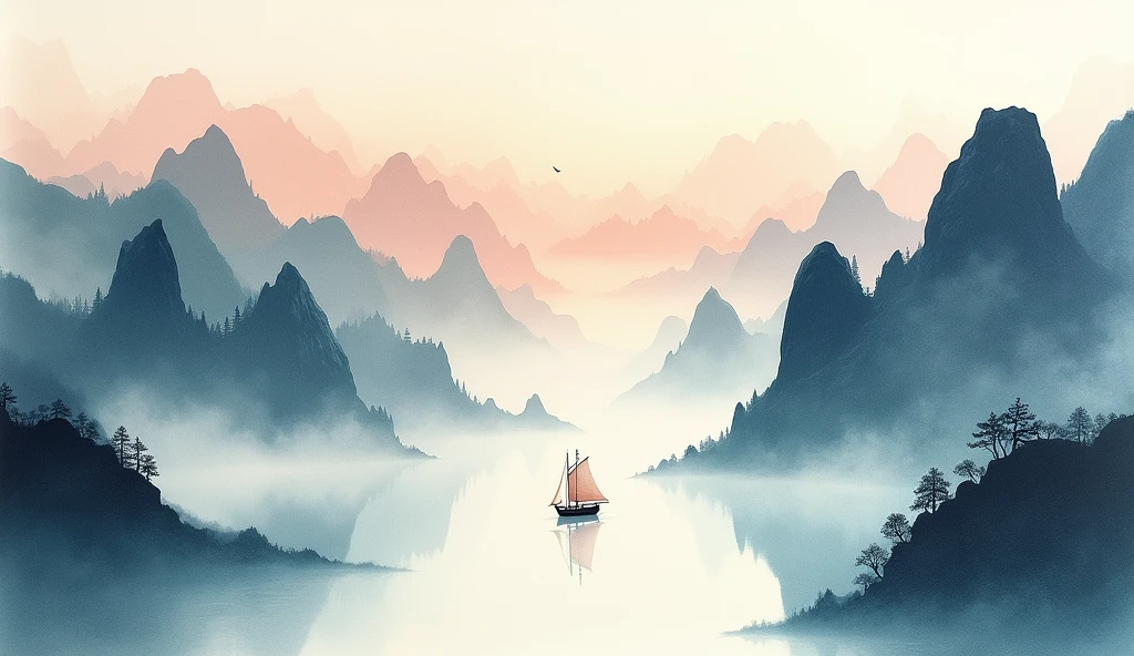 In Chinese landscape painting、Use ink and watercolor styles、We produce it by adding ink on the screen、Depicting detailed scenery from far to ultra-wide angles.。A light boat is floating in the distance、Meticulous attention to detail tarnished、Desaturated and low-contrast tones are beautifully rendered。A light boat sails through thousands of mountains、This is a masterpiece,Beautiful details,precise。This work is T's masterpiece、"Amaterasu Omikami"It will also produce the following elements。