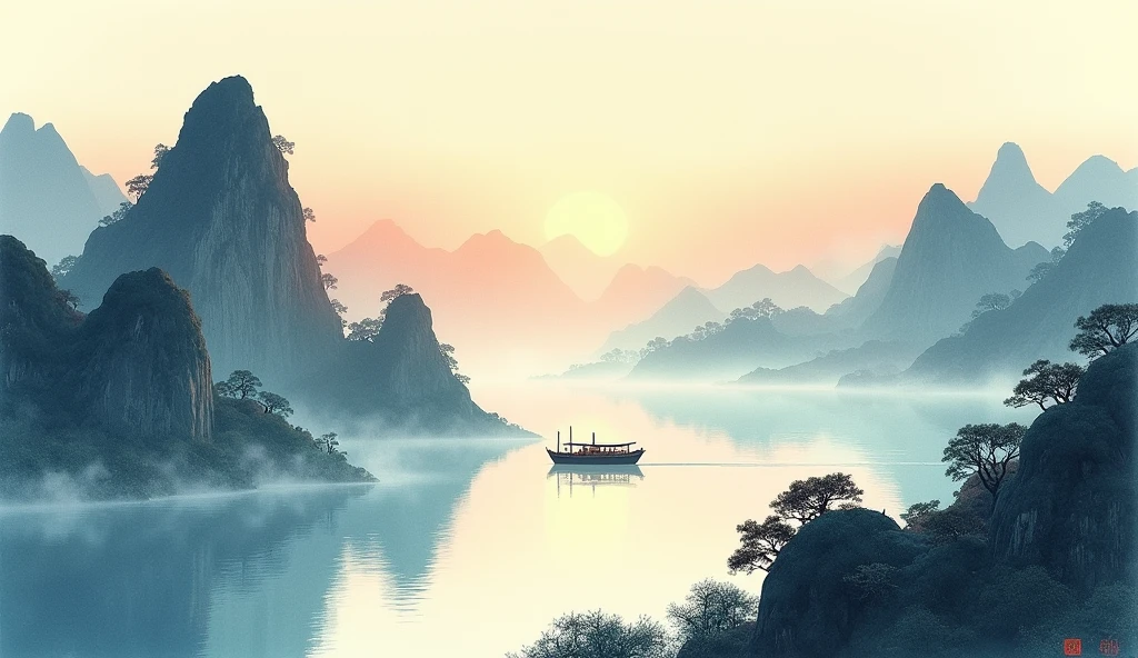 In Chinese landscape painting、Use ink and watercolor styles、We produce it by adding ink on the screen、Depicting detailed scenery from far to ultra-wide angles.。A light boat is floating in the distance、Meticulous attention to detail tarnished、Desaturated and low-contrast tones are beautifully rendered。A light boat sails through thousands of mountains、This is a masterpiece,Beautiful details,precise。This work is T's masterpiece、"Amaterasu Omikami"It will also produce the following elements。