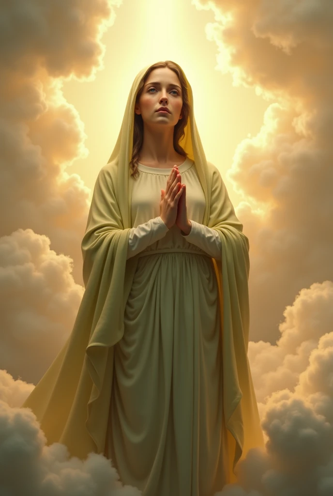 (photorealism:1.2), beautiful virgin Mary with tears in her eyes while praying in the clouds, wearing lime queen clothes with  light in his head and heart spreading all over in the clouds, perfect virgin Mary, real virgin Mary, perfect five hands, perfect tears face, elegant, soft lighting, many clouds, stand straight, realistic, intricate details, warm colors,