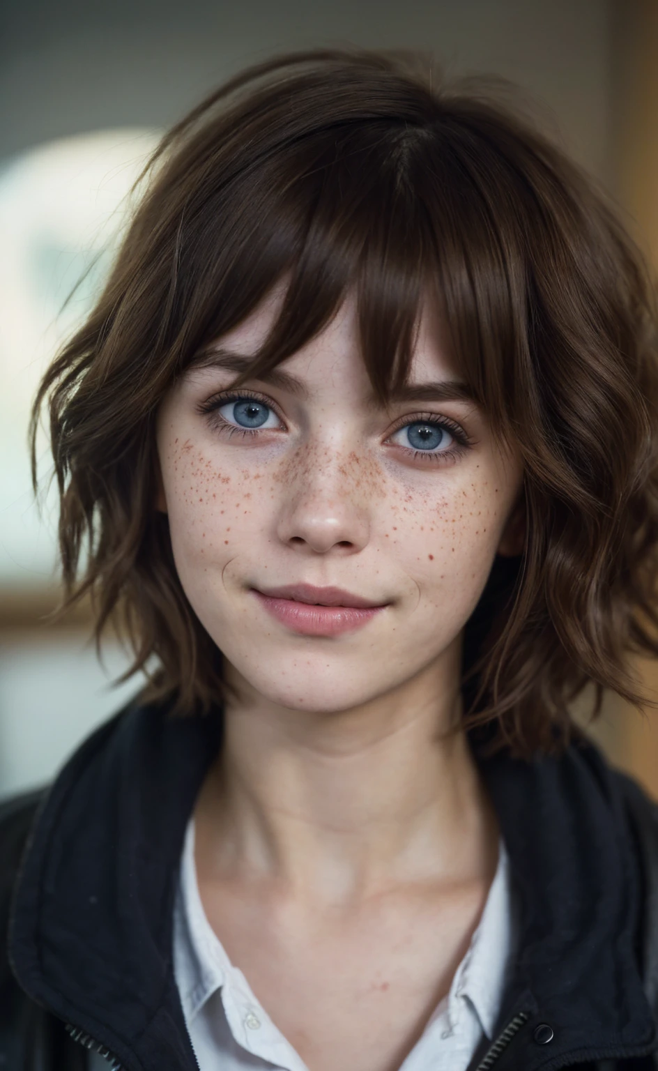 (close-up, editorial photograph of a 21 year old woman), (highly detailed face:1.4) (smile:0.7) (background inside dark, moody, private study:1.3) POV, by lee jeffries, nikon d850, film stock photograph ,4 kodak portra 400 ,camera f1.6 lens ,rich colors, hyper realistic ,lifelike texture, dramatic lighting , cinestill 800, wavy hair, messy hair, Max Caulfield haircut, short hair, Mischievous smirk, Brown hair, Blue eyes, freckles, white skin, cyberpunk Coat, White Shirt, Max Caulfield skin, Max Caulfield expression, masterpiece, Astral Plane, Life Is Strange