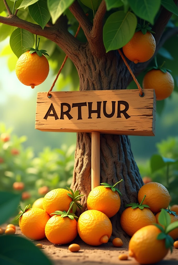 Create a bunch of pitombas and a tree with the sign saying ARTHUR