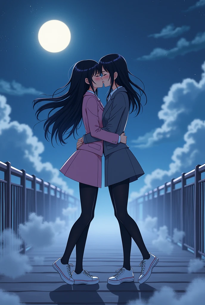 Two girls, long black hairs, yuri
(The first girl wear a pink suit, white shirt, pink pencil skirt, black underpants, black tights, white socks, white sneakers)
(The second girl wore a grey suit, white shirt, grey pencil skirt, black underpants, black tights, white socks, white sneakers)
hugging, lesbian kiss, sensual body, insert two fingers into under skirts, kissing on the foggy long bridge, moon fantastic night sky, novel cartoon, 4K, HD