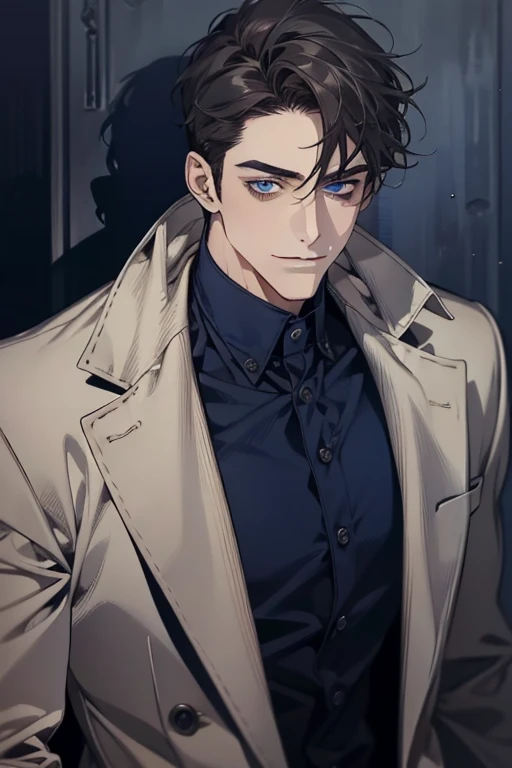 masterpiece, best quality, realistic, 1man, mature male, quiet and charming mature man, 34 years old, smirk and look on the side, closed mouth, portrait, extremely detailed face, smirk, (dark blue eyes), (short-side-swept sandy grey black hair)), [thick eyebrows], (detective clothing)