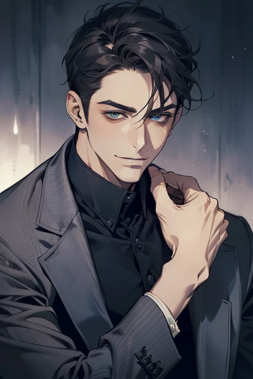 masterpiece, best quality, realistic, 1man, mature male, quiet and charming mature man, 34 years old, smirk and look on the side, closed mouth, portrait, extremely detailed face, smirk, (dark blue eyes), (short-side-swept sandy grey black hair)), [thick eyebrows], (detective clothing)