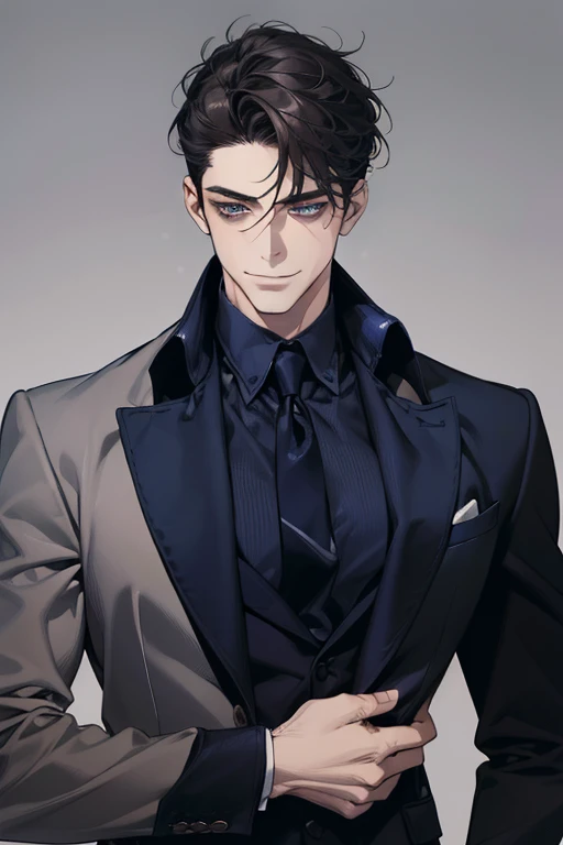 masterpiece, best quality, realistic, 1man, mature male, quiet and charming mature man, 34 years old, smirk and look on the side, closed mouth, portrait, extremely detailed face, smirk, (dark blue eyes), (short-side-swept sandy grey black hair)), [thick eyebrows], (detective clothing)