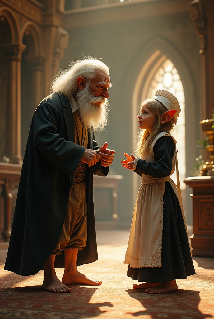 Old barefoot hairy-footed hobbit in butler's outfit talking to a barefoot hairy-footed hobbit in maid's clothes in a high-ceilinged Rivendell-style room.