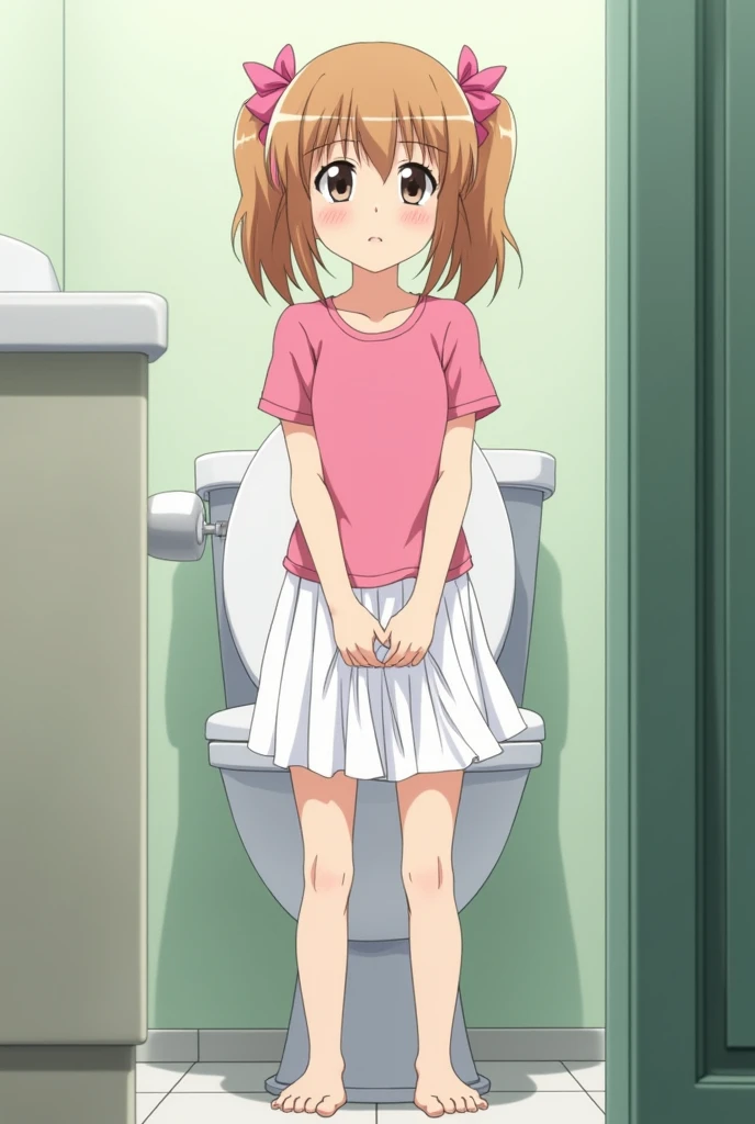 Anime-style scene featuring a young girl named Sakura inside a bathroom. Sakura has twin side-up hairstyle and is wearing a pink top and a white skirt. She is standing in front of a toilet, looking more comfortable and relaxed but still hesitant. Sakura is wetting herself while standing, with a small puddle forming around her feet, though she seems to have partially pulled down her skirt. Her facial expression shows a mix of determination and lingering uncertainty. The bathroom setting includes a visible toilet, with some indication of her trying to adapt to using it correctly.