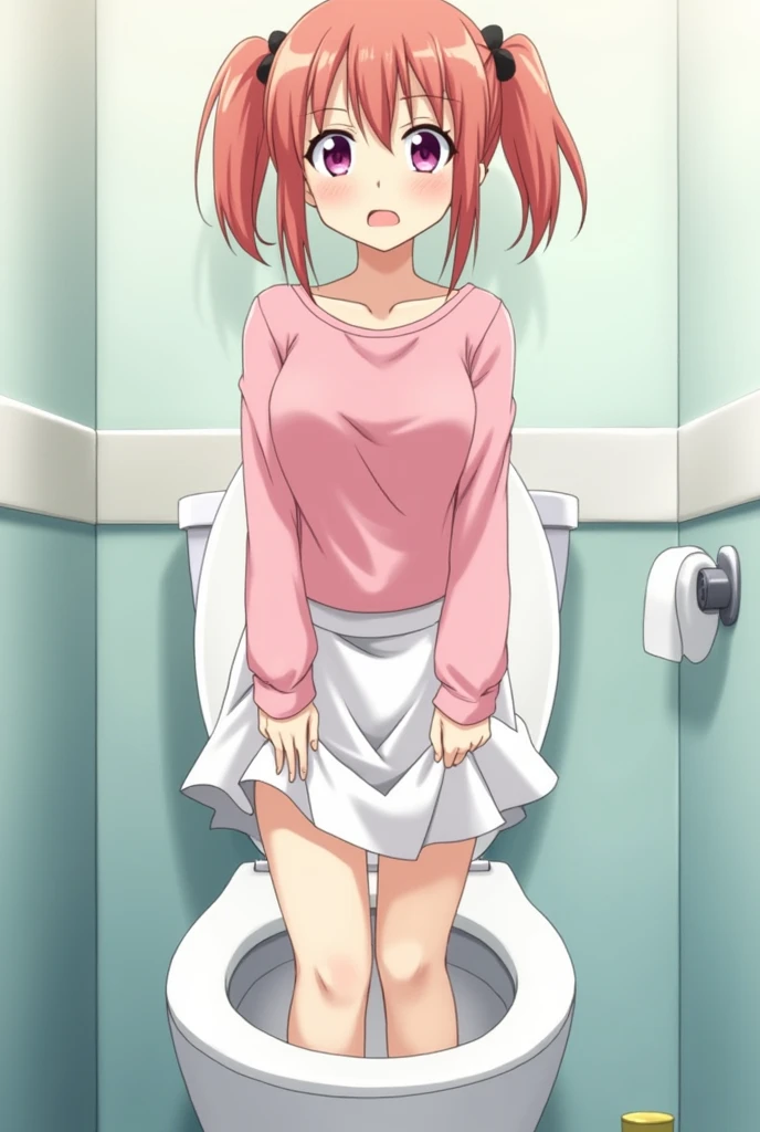 Anime-style scene featuring a young girl named Sakura inside a bathroom. Sakura has twin side-up hairstyle and is wearing a pink top and a white skirt. She is standing in front of a toilet, looking more comfortable and relaxed but still hesitant. Sakura is wetting herself while standing, with a small puddle forming around her feet, though she seems to have partially pulled down her skirt. Her facial expression shows a mix of determination and lingering uncertainty. The bathroom setting includes a visible toilet, with some indication of her trying to adapt to using it correctly.