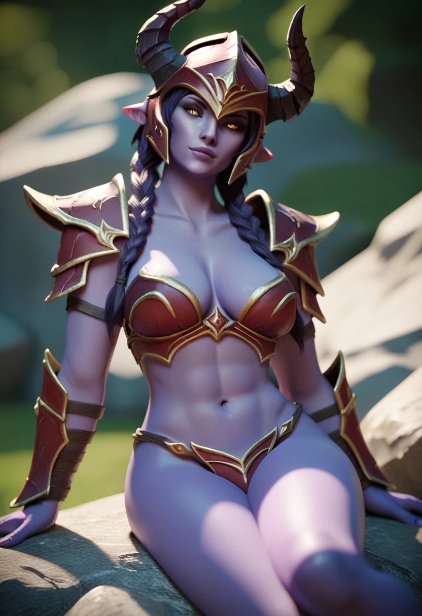 score_9, score_8_up, score_7_up 1girl, solo, shyvana, purple skin, helmet, horns, shoulder armor, twin braids, monster girl, red armor, shoulder plates, navel, pauldrons, depth of field, glowing, breasts, sitting, rock, looking at viewer, 3d,