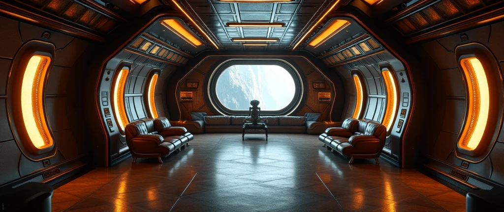 interior of futuristic ship, Interstellar. 8k, alien, gold on the wall