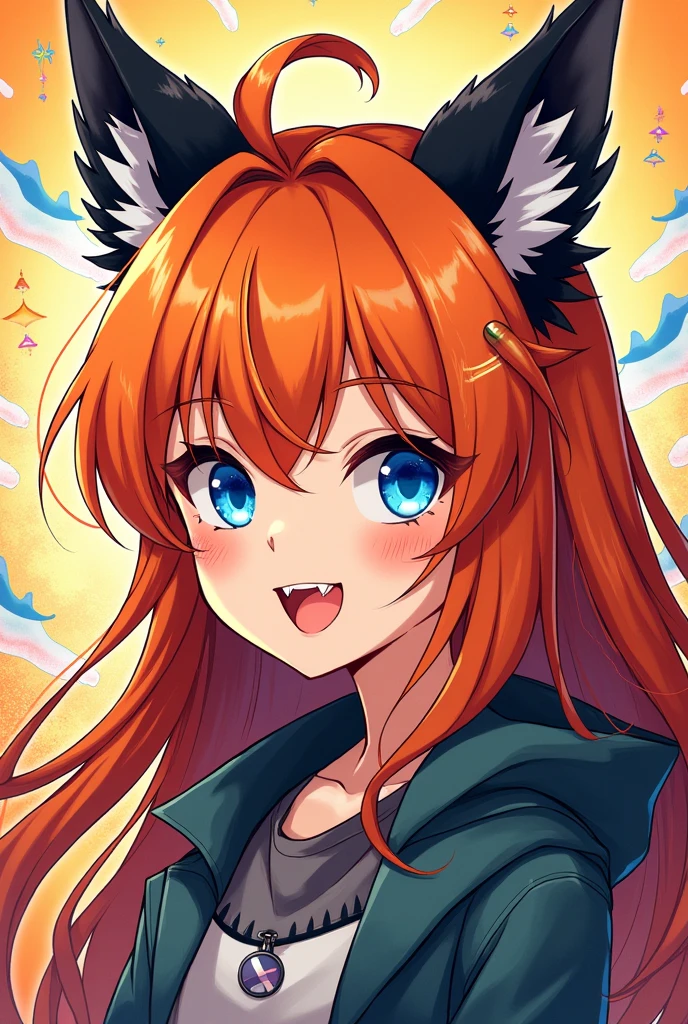 My hero Academia coloured manga panel style, young girl orange hair blue eyes black wolf ears pale skin fangs sweet smile
