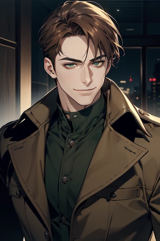 masterpiece, best quality, realistic, 1man, mature male, quiet and charming young man, 35 years old, smirk and look on the side, closed mouth, portrait, extremely detailed face, smirk, (dark green eyes), (short-side-swept shar brown hair)), [thick eyebrows], (detective clothing)