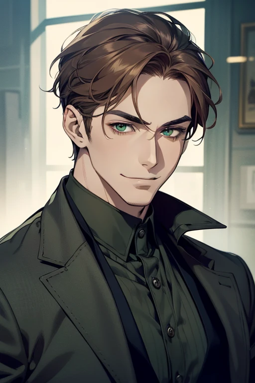 masterpiece, best quality, realistic, 1man, mature male, quiet and charming young man, 35 years old, smirk and look on the side, closed mouth, portrait, extremely detailed face, smirk, (dark green eyes), (short-side-swept shar brown hair)), [thick eyebrows], (detective clothing)