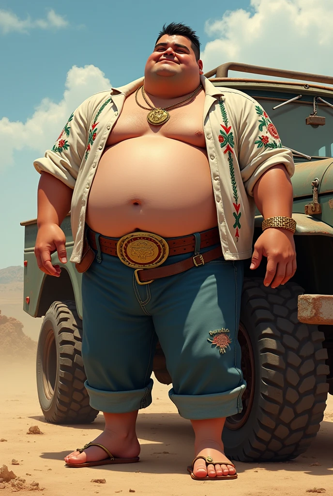 Create a full-body digital illustration of a young, very overweight white man with short black hair, wide shoulders, a large belly, and thin legs. He is wearing traditional Cochiloco-style clothing, including an embroidered shirt with the top buttons open, exposing his chest. He is also wearing a large belt buckle, a gold chain necklace, and a gold bracelet. The man has large hands and feet, standing in a pose exactly like the man in the reference image provided, leaning casually against an old, rugged off-road vehicle in a rural, dusty setting. The overall look should reflect a confident and rugged demeanor, typical of someone associated with a tough, rural lifestyle.