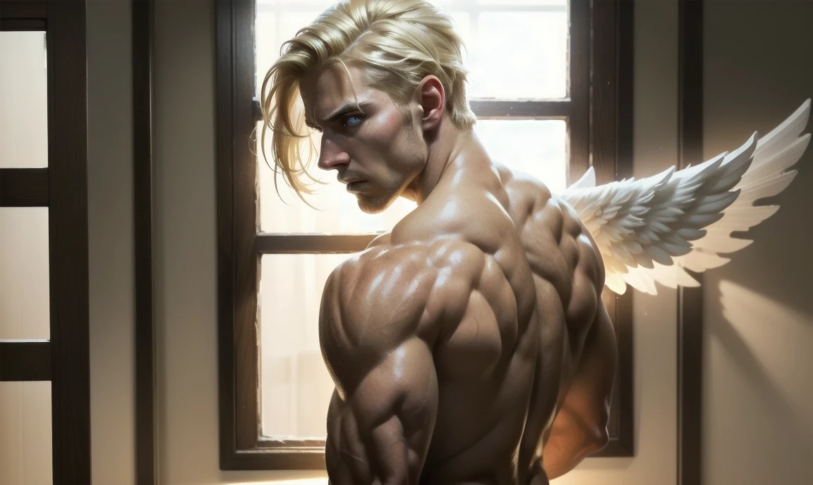 [((highly detailed, detailed eyes, detailed face, clear and realistic facial features, photorealistic, realistic light, cinematic)), (1 man), (((((Gorgeous perfect sexy powerful masculine male angel))))), (((two wings sprouting from behind his back))), ((faint halo)), ((((short blond hair, faintly glowing eyes with white iris)))), ((35 years old)), ((wearing flattering angelic clothes)), (((aura of divine power))), standing in a cozy apartment at nighttime, ((light blush)), (((wearing a clearly indignant expression)))]