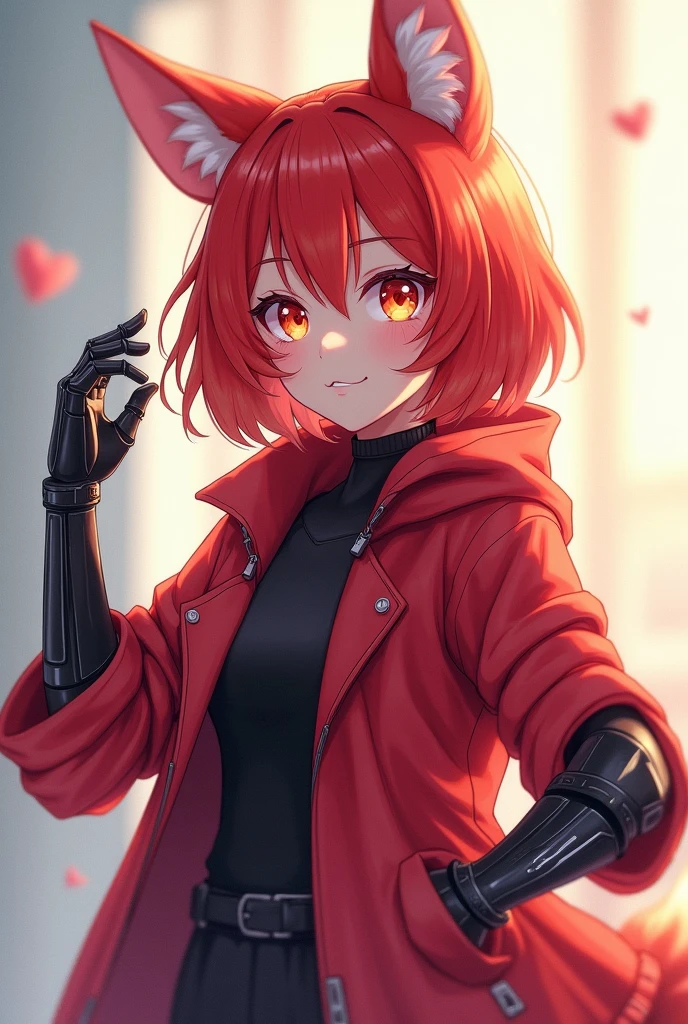has fox ears、A girl in a red-haired jacket with a prosthetic right arm Anime Style
