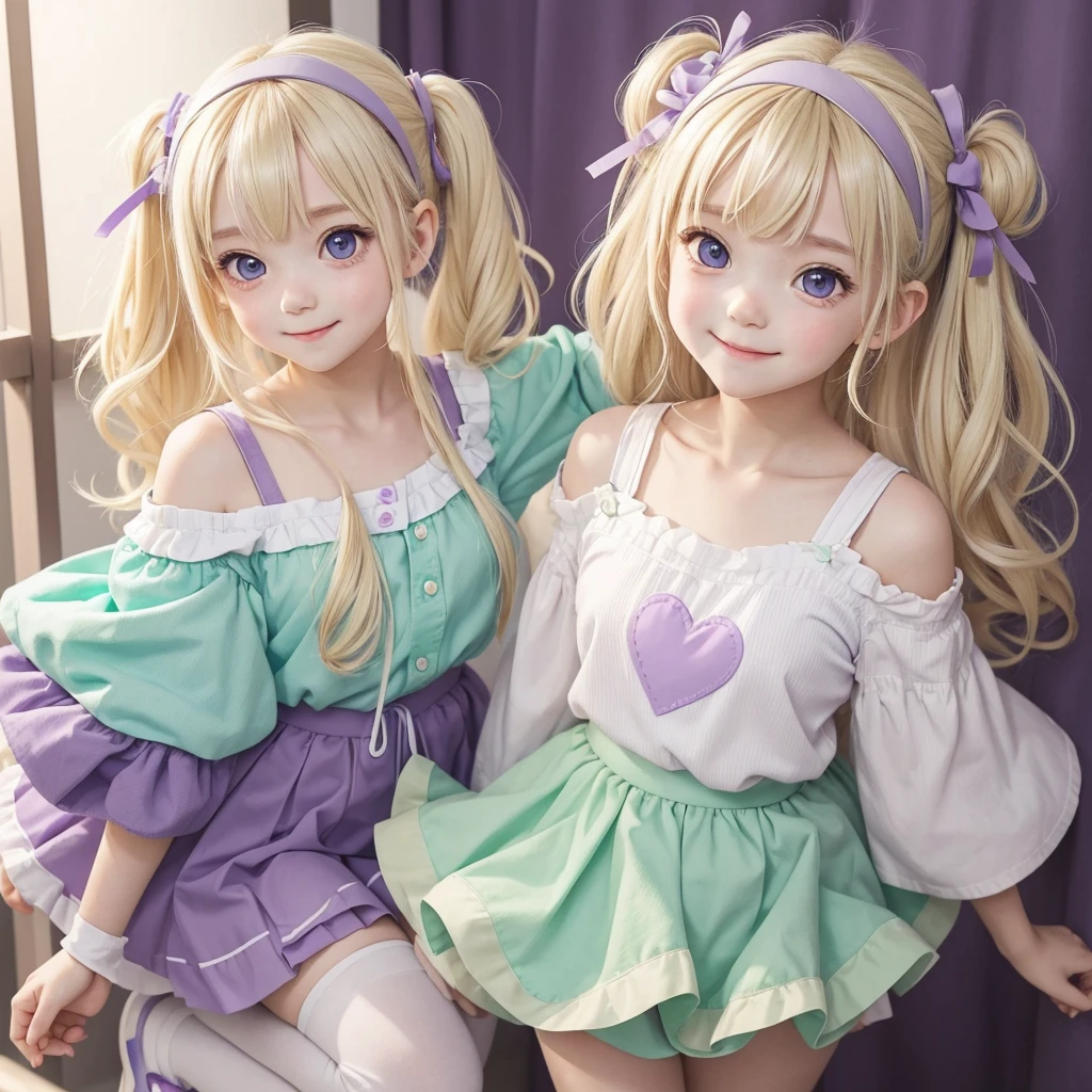 A girl with an adorable and kawaii look. She has long, messy pastel blonde hair, with a heart-shaped headband on her head. Her big, bright eyes have a green color., and has a happy and friendly expression. He is wearing a purple shirt with shoulders and sleeves that cover his hands., along with a white skirt and purple shoes with white accents.