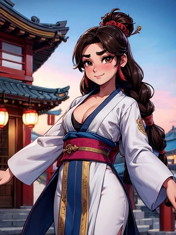 Kpop idol: 1.2, mix4, 1 Korean girl, , (light eyebrows: 1.4), shiny brown eyes, bun head, tied two braids, ancient city, Chinese temple, high mountain, beautiful detail sky, street (crowd:1.2), night, (nose blush), hanfu, happy, smile, small round boobs, cleavage showing her dark brown nipples, her crotch , pink vagina visible 