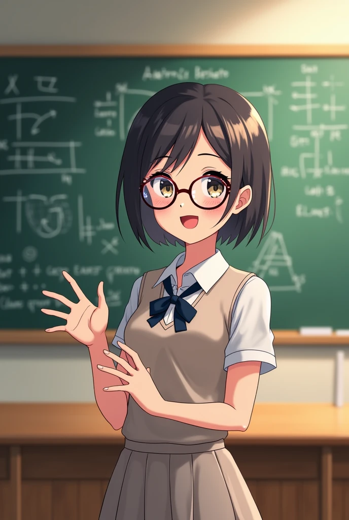 In front of the blackboard、I'm wearing glasses.、An anime-style girl explaining things to you