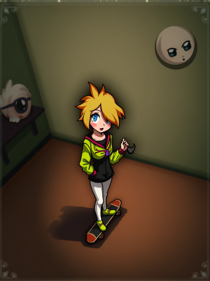 1girl, solo, white background, wattson, masterpiece, highly detailed, blue eyes, blonde hair, short hair, Fluorescent green jacket, Rubber Gloss, white rubber skinsuit, Yellow skateboard shoes, white pants, blush, plain background