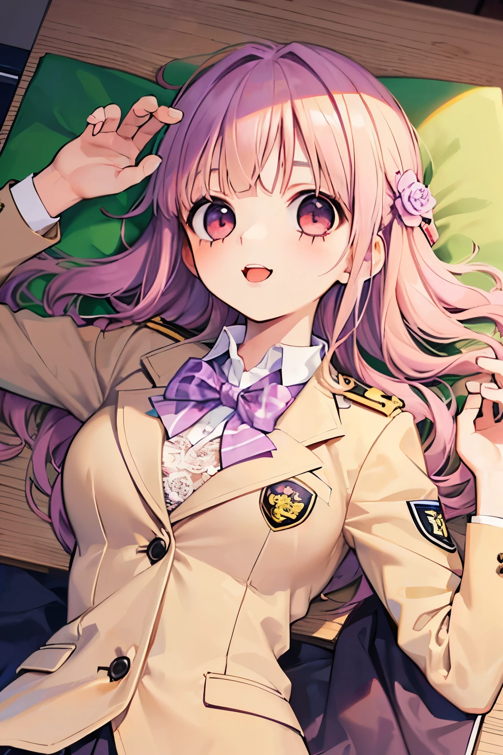 beautiful cute girl,(beige hair:1.2),,(purplered eyes:1.2),(Flower school uniform:1.2),(blazer check uniform:1.2),((lace:1.2)),(首を傾げる:1.3),(on a desk:1.1),(lie on back:1.15),(open your mouth:1.1),smile,close-up Face