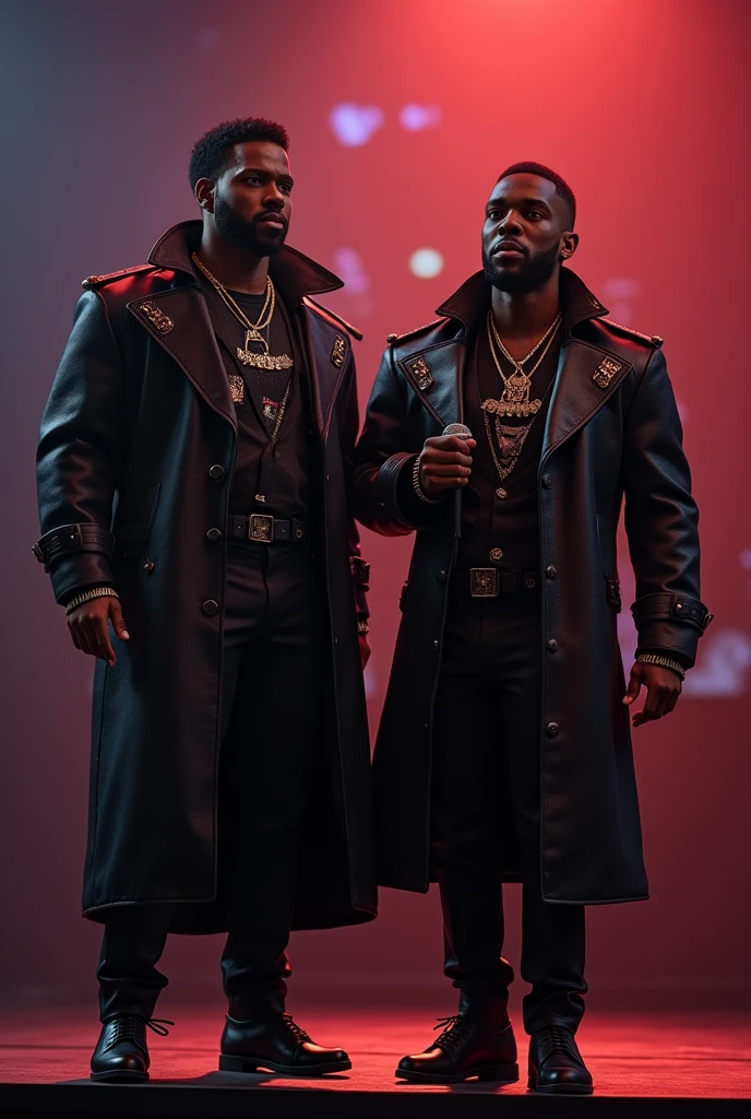 (two black guys, one of 18:1.1, other 16:1.1),ultra-detailed,realistic:1.37,Outer space,tall and muscular,singing on stage,black coats with "Big trippin" written on it, disney effect