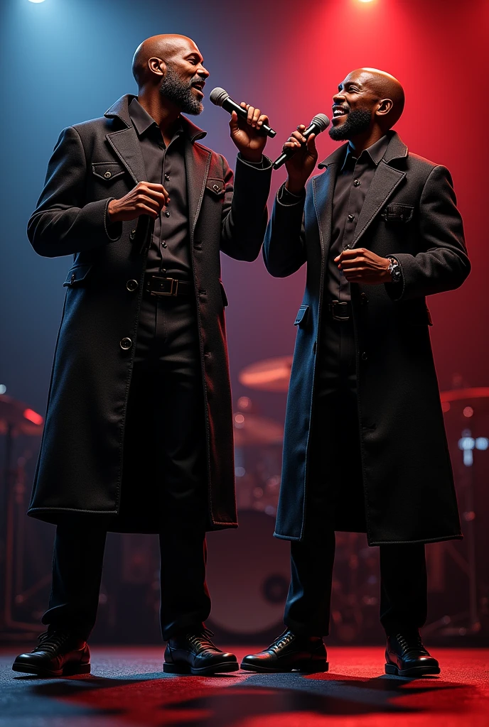 (two black guys, one of 18:1.1, other 16:1.1),ultra-detailed,realistic:1.37,Outer space,tall and muscular,singing on stage,black coats with "Big trippin" written on it, disney effect
