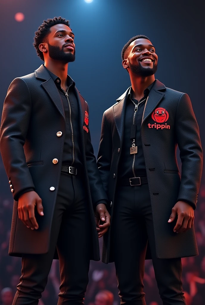 (two black guys, one of 18:1.1, other 16:1.1),ultra-detailed,realistic:1.37,Outer space,tall and muscular,singing on stage,black coats with "Big trippin" written on it, disney effect