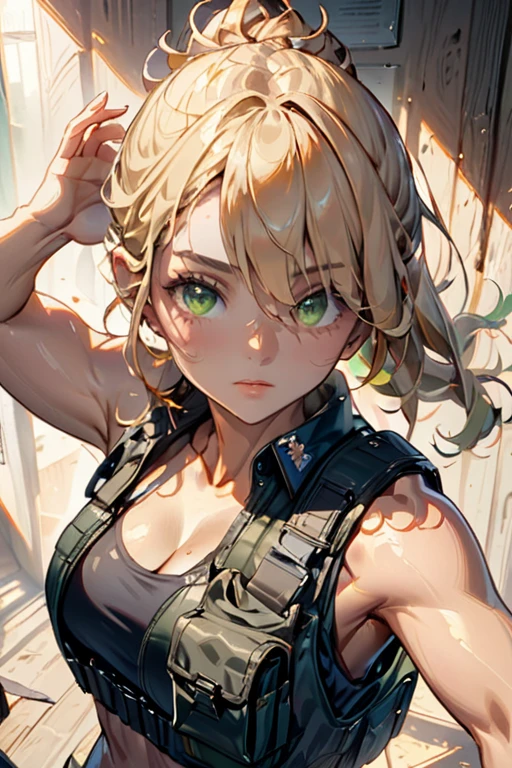 college woman; Athletic and toned physique; naturally attractive with delicate features; long, wavy blonde hair often tied back; striking green eyes; fair skin with a light tan; best quality; soft blur background; trending on artstation; complex volumetric lighting; strong shadows; artistic lighting; dynamic; energetic vibe; realistic skin; specular highlights; micro-textures; highly detailed hair; police uniform with long sleeves and bullet proof vest and holding up a pistol with her hand on the pistol grip; wearing aviator sunglasses over her eyes