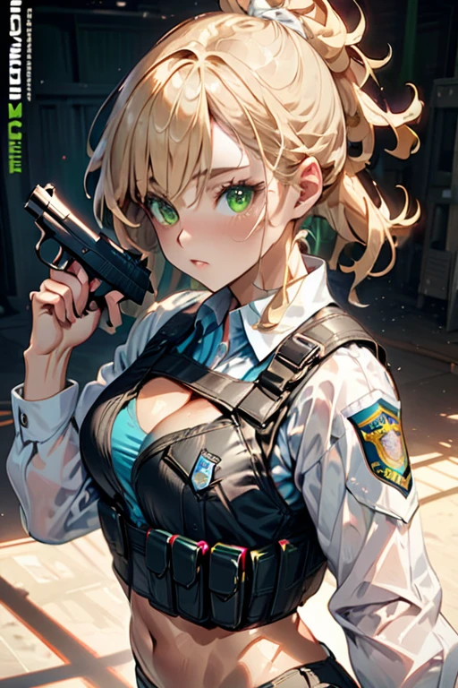 college woman; Athletic and toned physique; naturally attractive with delicate features; long, wavy blonde hair often tied back; striking green eyes; fair skin with a light tan; best quality; soft blur background; trending on artstation; complex volumetric lighting; strong shadows; artistic lighting; dynamic; energetic vibe; realistic skin; specular highlights; micro-textures; highly detailed hair; police uniform with long sleeves and bullet proof vest and holding up a pistol with her hand on the pistol grip; wearing aviator sunglasses over her eyes