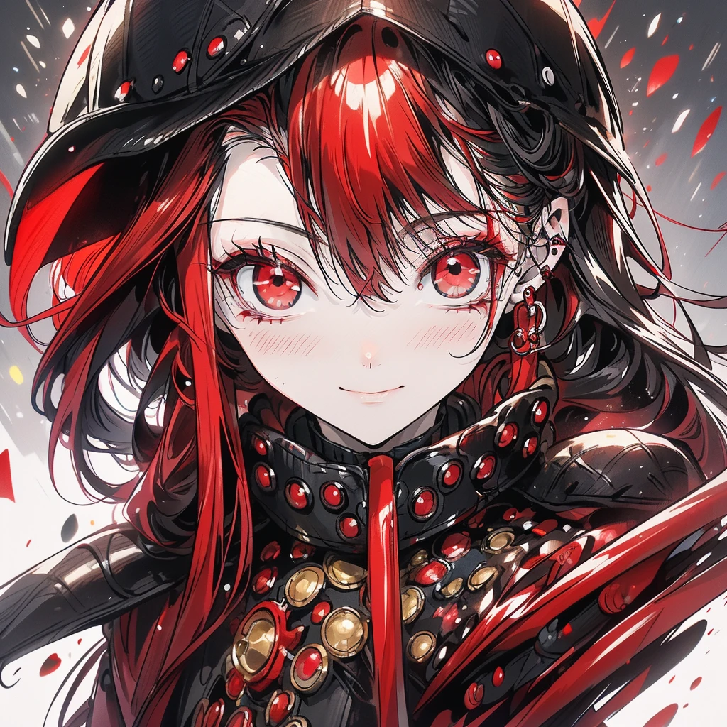 Black eyes with red pupils,black and red hair