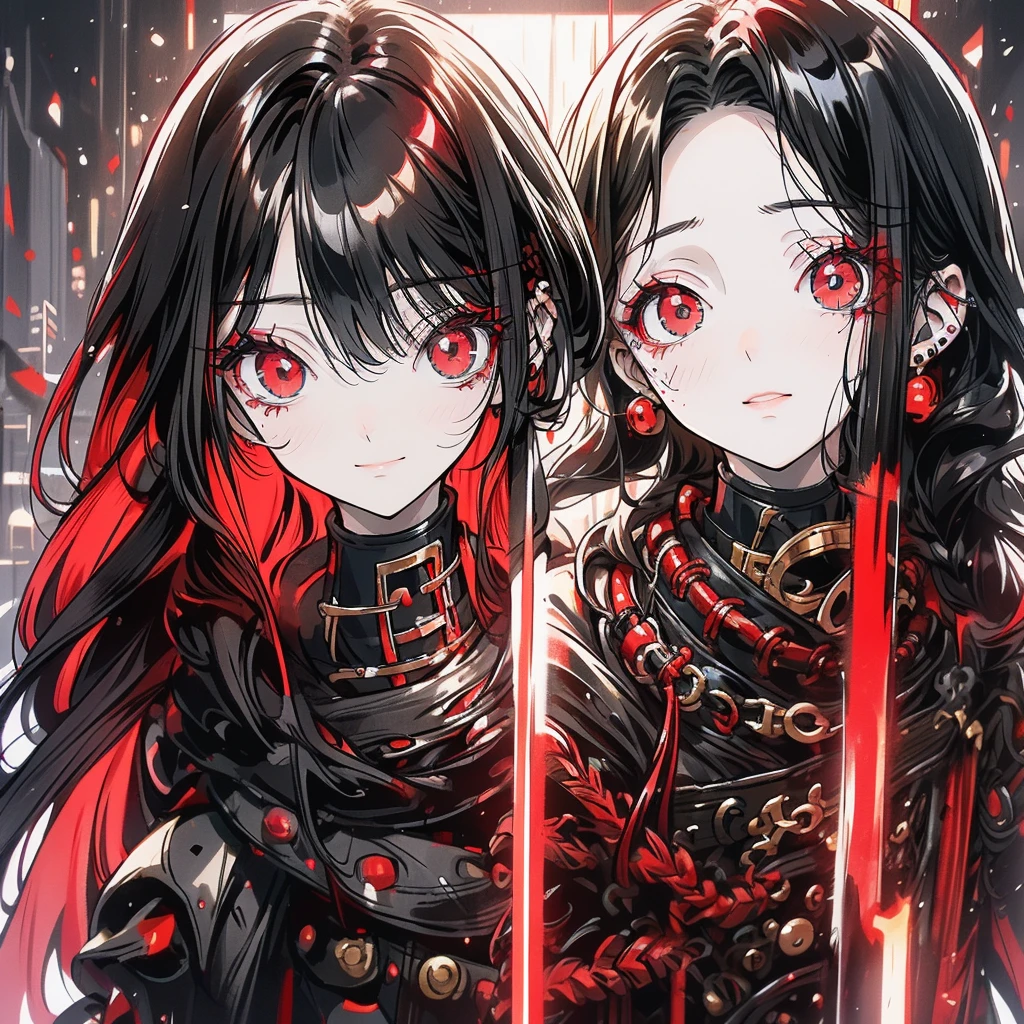 Black eyes with red pupils,black and red hair