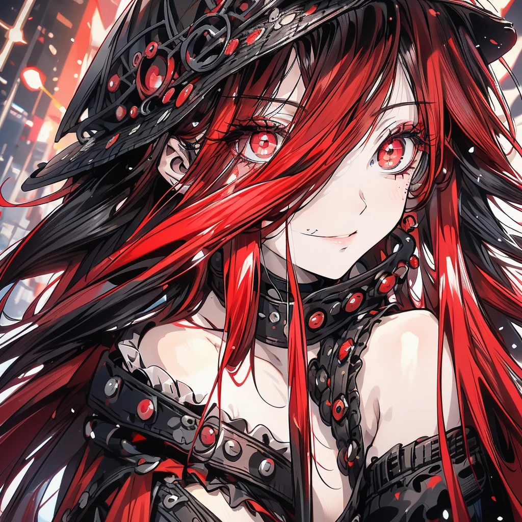 RAW Photos, Realistic, Ultra-realistic, -yeld pugirl, six heads tall, red hair, black and white outfit, chains, skulls, spooky cute, dark red background, manga style, gothic, edgy, black halo, charming expression, illustration, Halloween vibes, clear outlines, Halloween logos, designed text, stylish poster appearance, Highest quality, masterpiece, Ultra-high resolution, 8K